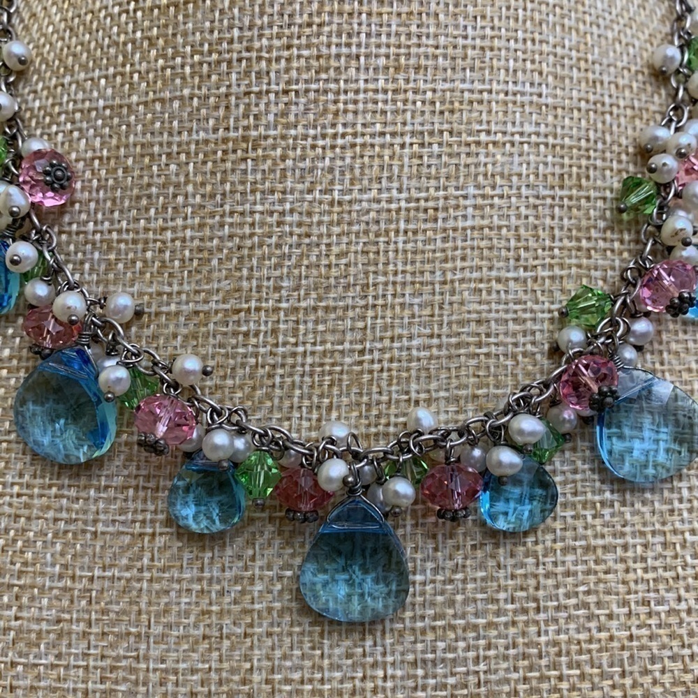 Silver Swarovski Faceted Crystal Faux Pearl Beaded 925 Statement Necklace - Picture 10 of 16
